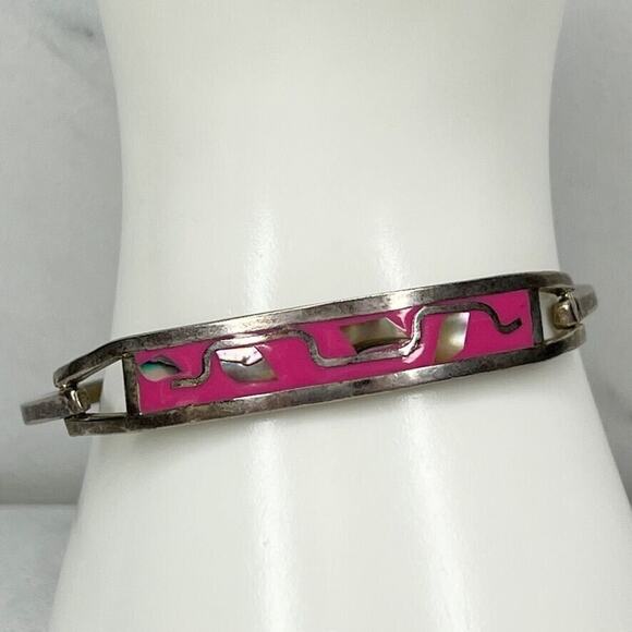 Vintage Mexico Silver Tone Abalone Shell Hinge Bangle ✨ - Picture 4 of 8